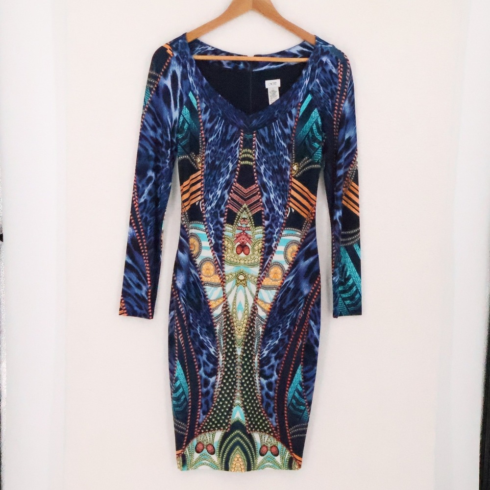 Cache Animal Print Bodycon Dress Womens Size 2 Blue 2010s Indie Sleeze Geometric
